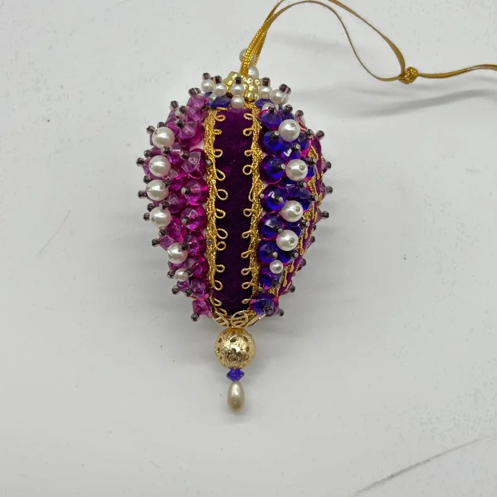 Vintage Beaded Sequins Push Pin Christmas Ornament Pink Bell Purple Ornate Set 2